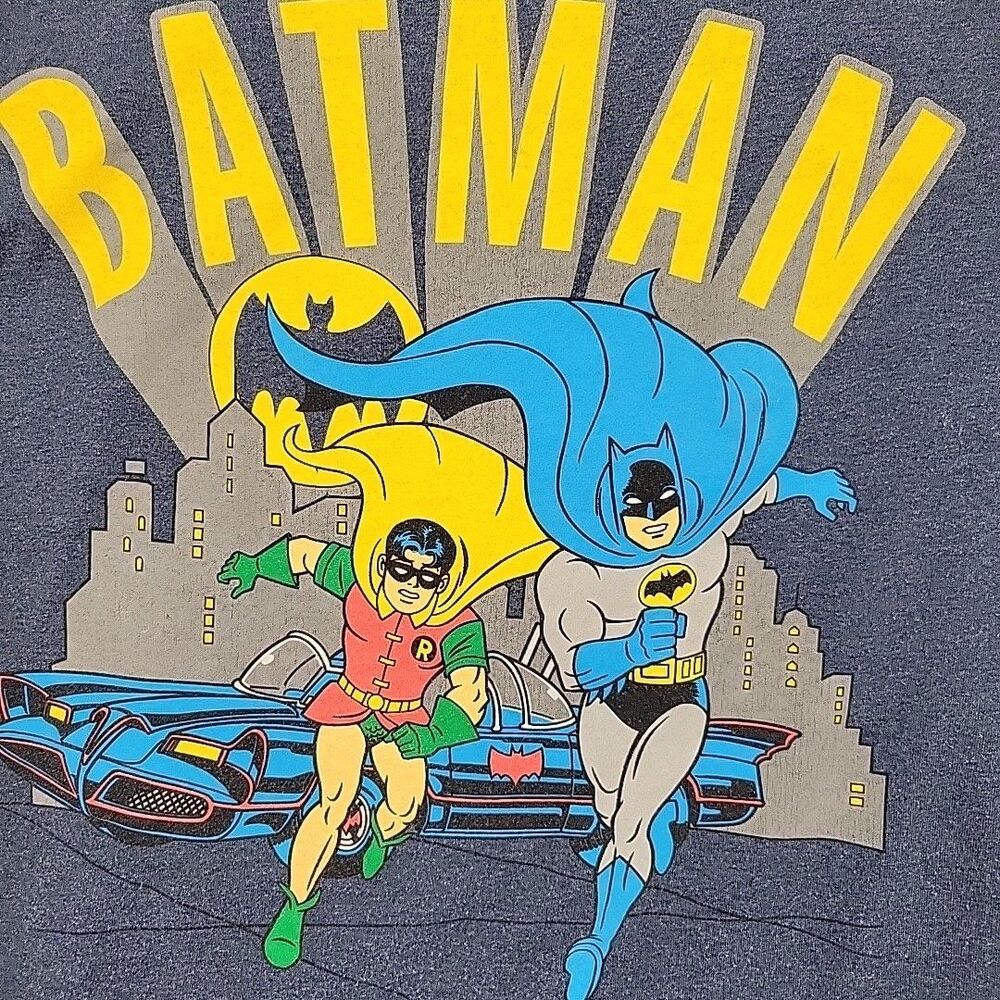 Batman Mens Shirt Size Large DC Comics Blue Heather Stretch Robin Bat Signal Car - Picture 2 of 7